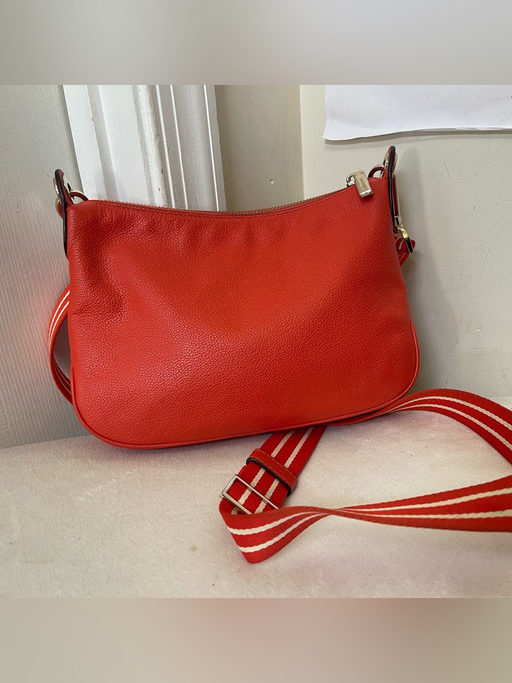 kate spade Red Pebbled Leather Crossbody with Striped Strap - Picture 11 of 11